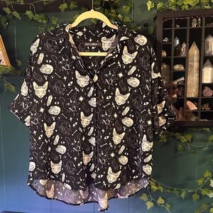 Disturbia Black Blouse with White Cat and Star Patterns